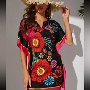 Bohemian Floral Print Notched Neck Batwing Sleeve Midi Tunic Coverup Dress